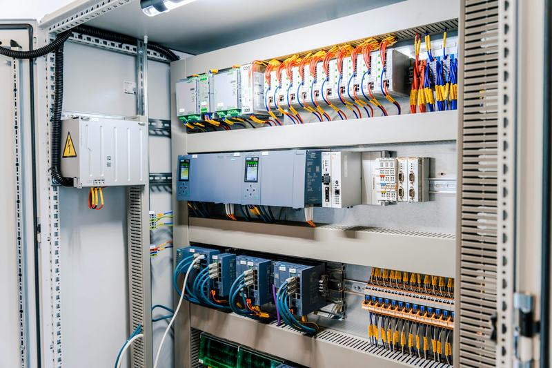 An open industrial control panel with breakers, contactors and wiring