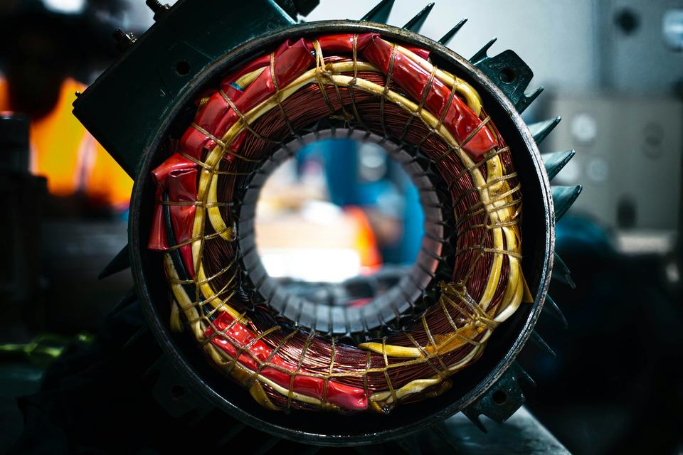 Close-up of the copper coils inside an electric motor stator