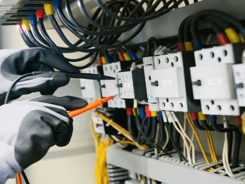 Gloved hands testing terminals in an electrical panel with a meter probe